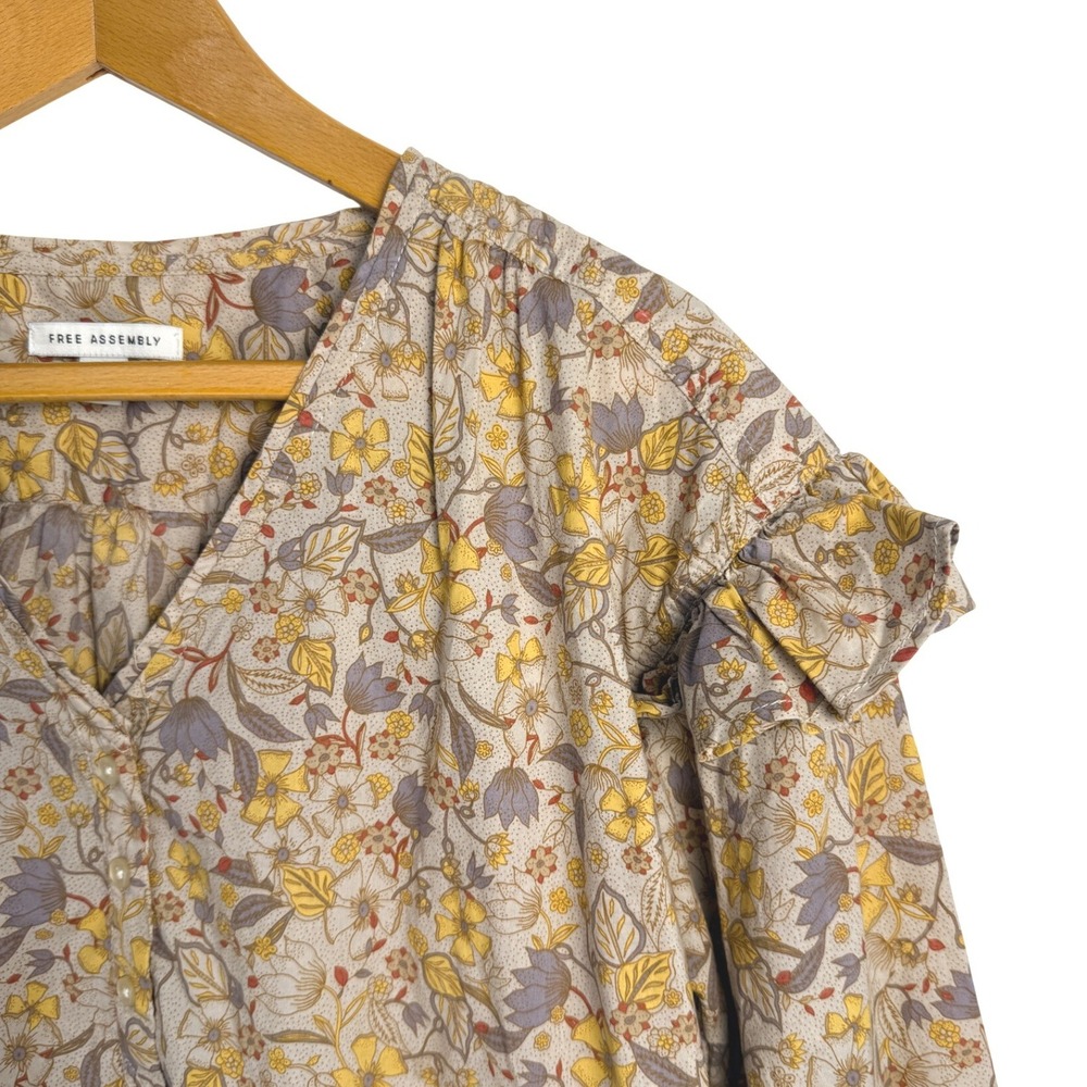 Free Assembly Womens Floral Ruffle V-Neck Blouse Yellow Purple Cotton Small - Picture 3 of 11